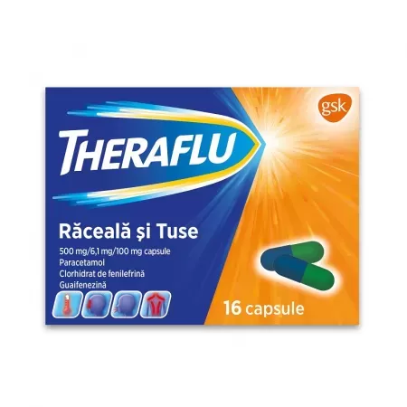 Theraflu Raceala Si Tuse 500mg/6,1mg/100mg x16cps